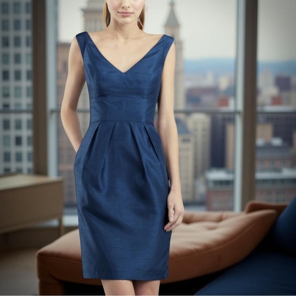Jenny Yoo Dresses & Skirts - Jenny Yoo Blue Cotton Silk Blend Plunging Neckline Cocktail Dress Size 10